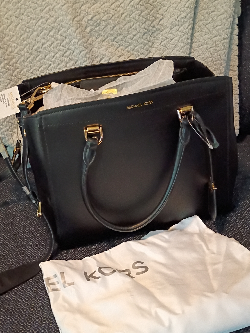 Michael Kors Benning  Black Leather Satchel with Gold Hardware